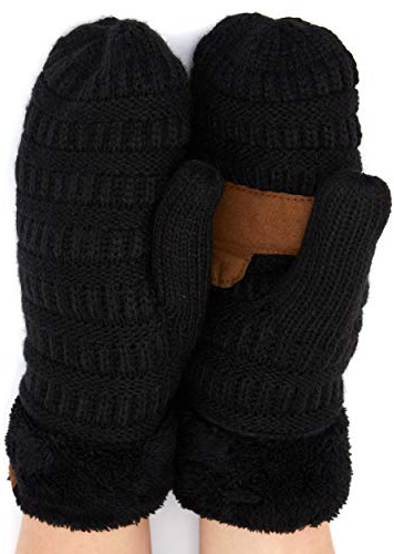 C.C CC Super Thick Fuzzy Fleeced Lined Warm Winter Knitted Mittens Gloves Solid Black