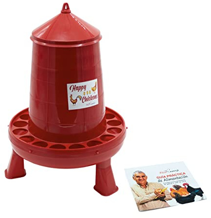 FINCA CASAREJO Comedero con Patas para Gallinas - Tolva Happy Chickens 16 kg - Plástico Resistente para conservar el alimento - Incluye Guía Práctica de Alimentación
