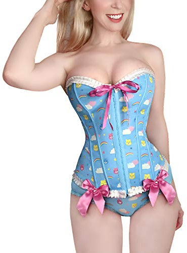 Littleforbig Damen-Korsett mit Schnürung, Überbrustkorsett, Bustier, Bodyshaper-Oberteil – Teddy-Freunde-Muster, Blau, Large