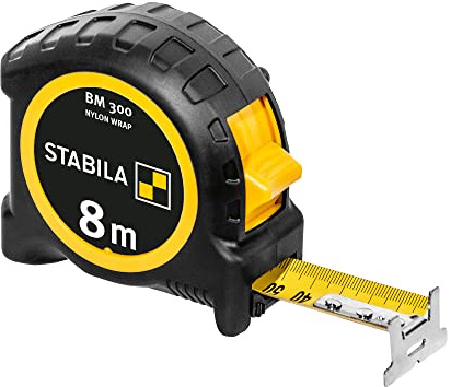 STABILA Fickbandsmått BM 300, 8 m, måttband med dubbelsidig 1 000 skala, metrisk, okrossbar PC/ABS-hölje, SPIKES-krok, stålband med NYLON-WRAP-beläggning, bältesklämma, MID-noggrannhet