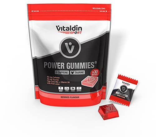 VITALDIN Sport Power Gummies Caffeine & Taurine – Quick & Sustained Energy – 80 mg Caffeine, 40 mg Taurine per Serving + Vitamin B6 – 30 Chewable Gummy Bites – Berries Flavour – Vegan