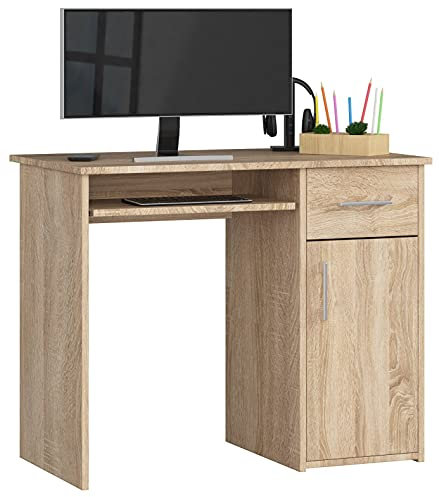 AKORD PC-Schreibtisch PIN mit Tastaturablage | Schreibtisch Klein mit Schubladen | Computertisch | Bürotisch 1 Schublade, 1 Ablagefach mit Tür, B90 x H74 x T50 cm, 29 kg | Sonoma Eiche