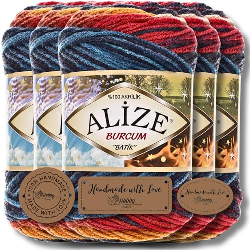 Hobby YARN 3x Etikettenlabel mit Alize Burcum Batik Wolle Premium 5x100g als Set, Yarn, Garn, Strickgarn, Farbverlauf, Babywolle zum Häkeln, Stricken, Kleidung, Schals (4340)