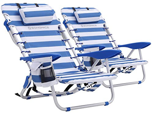 SONGMICS Chaise de Plage Portable, Lot de 2, avec Appui-tête Amovible, Pliable, Chaise de Camping, Dossier Inclinable jusqu'à 180°, avec Porte-Goulet, Pochette, Rayures Bleues et Blanches GCB62BU02