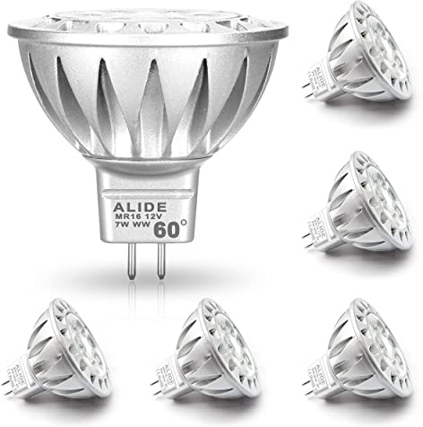 ALIDE MR16 7W 60 Degrees GU5.3 Led Bulbs Replace 50W to 75W Halogen Equivalent,2700K Warm White,12V Low Voltage MR16 Bulb Spotlight for Outdoor Landscape Flood Track Recessed Lighting,560lm,6 Pack