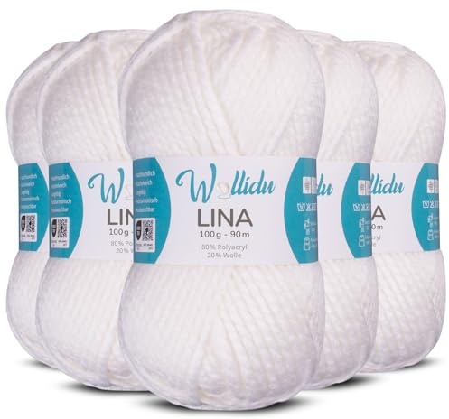 Wollidu Lina Wolle zum Stricken und Häkeln 500g 80% Polyacryl 20% Schafwolle Mulesing-frei Oeko-Tex 5x 100g/90m Häkelwolle/Strickwolle - Weiß
