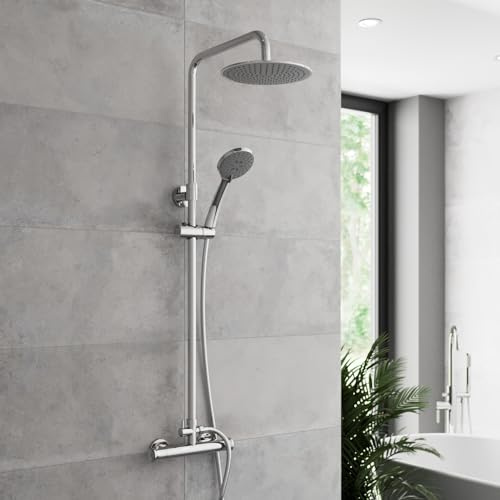 BAYSTONE Bathroom Thermostatic Shower Mixer Set with Twin Chrome Heads & Exposed Round Valve