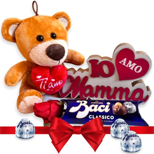 Regalo Festa della Mamma 2025 - Orsacchiotto 16cm + Baci Perugina 37,5gr + Rosa Rossa + Soprammobile Con Scritta Amo Mamma - Regalo Mamma/Donna