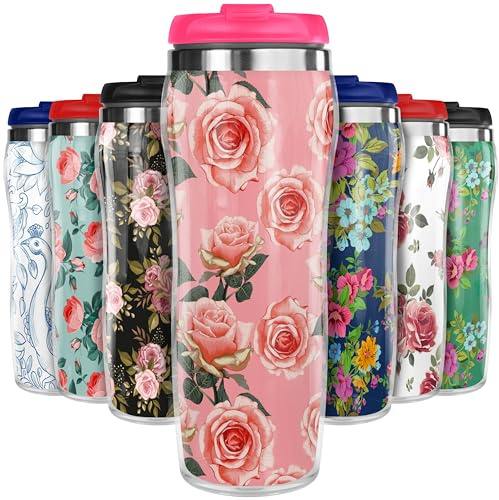 Pixly® Mug de voyage thermique vintage roses roses pour café thé flask, capacité 400ml/14oz, fleur, motif floral - Nostalgie vintage rose