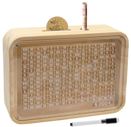 Sparbox Holz, Spardose Holz, Sparbox mit Zahlen Ankreuzen, Retro Sparbüchse mit Sichtfenster, Wiederverwendbare Spar Box, Hilft Menschen die Gewohnheit zum Sparen zu Entwickeln (5000€)