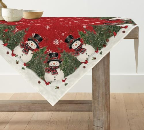 Artoid Mode Rot Schneemann Bäume Weihnachten Tischdecke, Saisonnal Tischwäsche Winter Küche Tisch Dekoration Drinnen Urlaub Party Dekor 100x100 cm