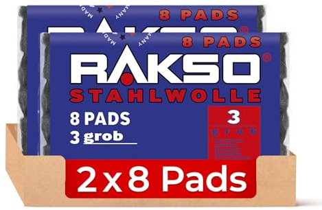 RAKSO Stahlwolle grob 3-16 Pads - 2x8 Stk. verstärkt natürliche Maserung von Holz, säubert Glas, aufrauen von altem Lack, Farbe