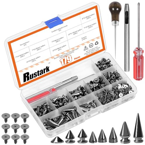 Rustark 179 Stück 8 Größen Schwarz Punk Nieten Spitznieten Metall Killernieten Sortiment Set mit Werkzeugen, Spike Bolzen Rostfrei Ziernieten Kegel Spike Nieten für DIY Kleidung Lederhandwerk