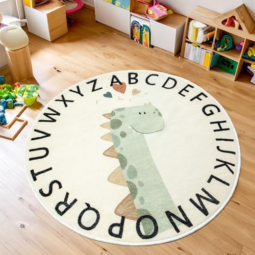 Tapis Design Kinderteppich Teppich Kinderzimmer Rund Kurzflor, rutschfest Waschbare Spielmatte für Jungen Mädchen Mit Tierbild, Grösse: 160 cm Rund, Farbe: Beige