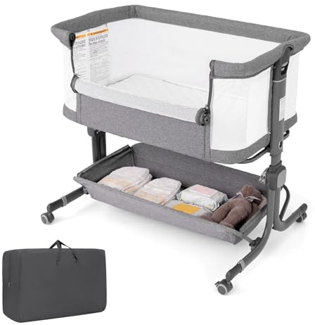 LIFEZEAL Baby Beistellbett 6 Stufig Höhenverstellbar, Babybett mit Matratze & Rollen, Tragbares Reisebett für Baby 0-6 Monate, Stubenwagen mit Aufbewahrungskorb (Dunkelgrau)