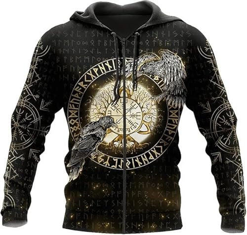 TAYGUM Wikinger-Hoodie 3D-Druck Nordische Mythologie Odin Krähe/Der Hammer Von Thor Hoodie Frühling Herbst Pullover Für Herren Und Damen Party Cosplay Kostüm(Krähe Zipper,XL)