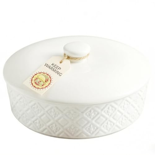 Large Tortilla Warmers with Lid 8.8 Inch, Embossed Ceramic Tortilla Holder Servers Oven Safe - Taco Tuesday, Taco Bar, Microwavable Food Storage Container, Bread Warmer Pancake Warmer, White