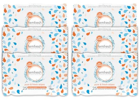 Femfresh Intimate Wipes - Flushable & Biodegradable Disposable Feminine Hygiene Vaginal Cloths w. Calendula & Aloe Vera Extracts - Soothing, pH Balanced, Hypoallergenic, 25 Count (Pack of 6)