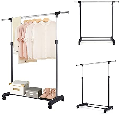 HOMASIS Kleiderständer höhenverstellbar, Kleiderstange auf Rollen, Garderobenständer mit Schuhablage, Garderobe aus Stahl, Rollgarderobe Ausziehbar, Clothes Rack Kleiderwagen stabil (Modell 1)