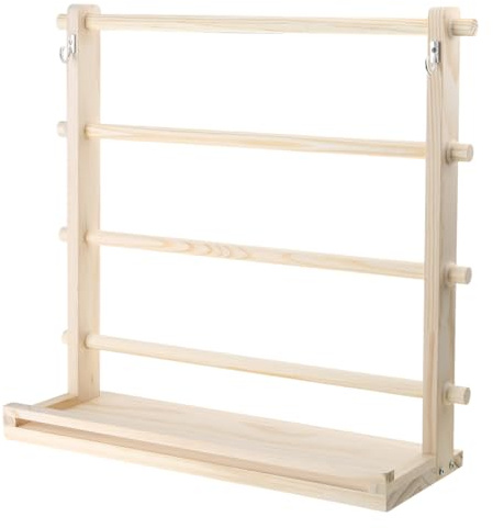 MLWSKERTY 4-stöckiger Holzbandhalter mit Skala und Haken zum Aufhängen von Bändern, Aufbewahrungsregal, Bastelband-Organizer, Band-Präsentationshalter