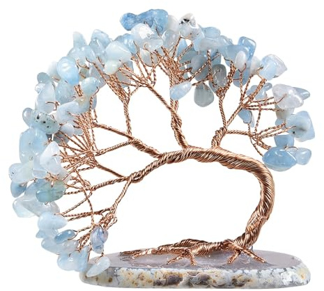 mookaitedecor 7.6-10.2 cm Edelstein Kristallbaum mit Achat Scheiben Basis | Aquamarin Kupferdraht Gewickelt Fengshui Lebensbaum Figur Ornament, Glücksbringer Bonsai Baum Spirituelle Deko