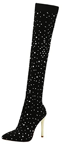 Rosa antico scarpe da donna sottili stivali a rete sexy night club strass stivali alti al ginocchio moda grande tacco sottile stivali da donna scarpe comode da donna impermeabili, Nero , 41 EU