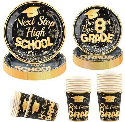 Arosche 8th Grade Graduation Decorations Party Supplies Set for 24-Disposable Paper Plates and Cups Tableware Congrats Grad 8th Grade Class of 2025 Decorations for Party Supplies Table Decor