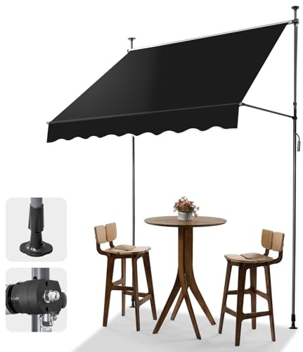 LEADZM Klemmmarkise 200 cm Breit,Balkon Markise Klein ohne Bohren,Wasserdicht,Sonnenschutz,UV-beständig,Höhenverstellbar mit Handkurbel,für Terrasse,Balkon,Mietshaus,Garten,Laden,Schwarz