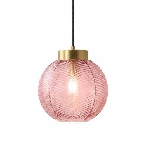 LFsem Lámpara Colgante Vintage, Globo de Cristal con Vena de Hoja, Accesorios Metálico Dorado, Ajustable de Altura E27 Lámpara de Techo para Comedor, Salón y Habitación (Rosa, 20cm)