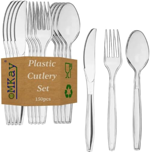 eMKay® 150Pcs Heavy Duty Reusable Clear Cutlery Set [ 50 Spoons, 50 Forks, 50 Knives Set ] Perfect for for Birthday Parties Buffets Picnics BBQ's Weddings Camping