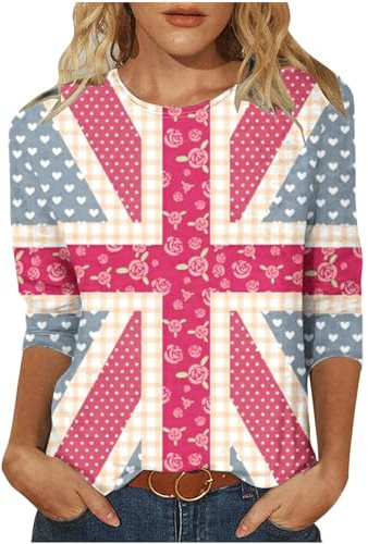Women Tops Union Jack Tshirt 3/4 Sleeve Summer Top Elegant Women T Shirts Crew Neck England Flag Print Tees Tunic Trendy Blouse Work Blouse Activewear Pullover Casual Plus Size Summer Outfits
