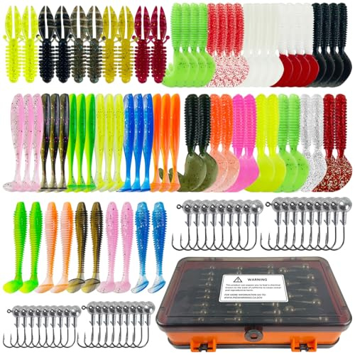 L PATTERN 109 Stück Angel Köder Set Gummifische Angelköder Karpfen Zubehör Set mit Jigköpfe Angelhaken Gummiköder für Forelle Barsch Zander