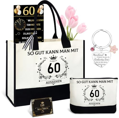 Shining She 60 Geburtstag Frau, 5tlg. Vintage 1966 Geschenkideen Set | Geschenk zum 60 Geburtstag Frau mit Canvas Tragetasche Kosmetiktasche Schlüsselanhänger für Mama Oma Kollegen Freundin