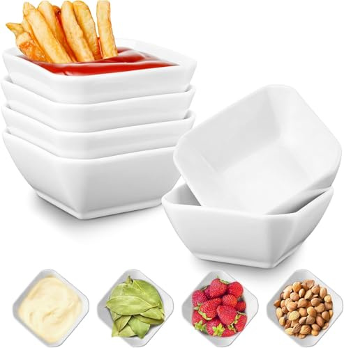 RIREKIS 3oz Square Ceramic Soy Sauce Bowl, 6 PCS Small Mini Dipping Bowls, Durable and Long-Lasting Ramekin Bowls White Porcelain Side Dish Bowls for Seasoning Ketchup Sushi Dip Snack-Dishwasher Safe