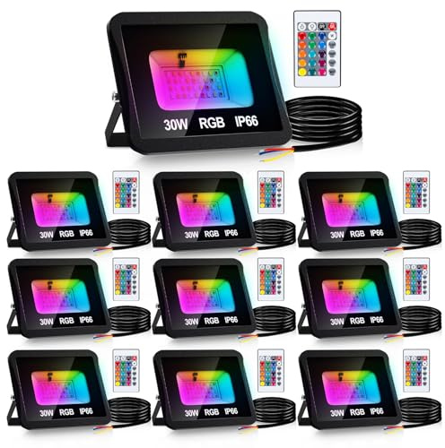 Jaxguom RGB LED Strahler Außen 10er 30W mit Fernbedienung, RGB Fluter LED Dimmbar Gartenstrahler, 16 Farben 4 Modi IP66 Wasserdicht, Memoryfunktion für Party Außen