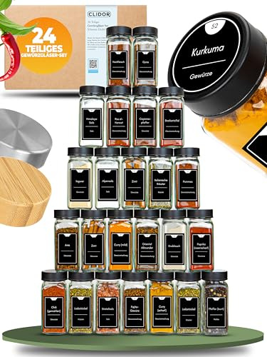 CLIDOR Gewürzgläser eckig [24 x 125ml], Luftdichte Gewürzgläser mit Streueinsatz + 248 wasserfeste Gewürzetiketten, Gewürz Organizer & Gewürzdosen, Gewürzstreuer zum Nachfüllen, Deckel in Mattschwarz