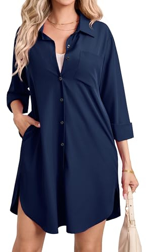 Enmain Womens Long Sleeve Shirt Dress Casual Button Up with Pockets S-3XL | Longline Blouses, Cotton-Polyester Blend, Plain Colour, Loose, Knee-Length, Side Pockets, Rounded Hem, Botton Up, Collar