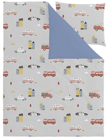 FEKOHIPY Bettwäsche 135x200 Kinder Feuerwehrfahrzeug Grau Kinderzimmer | Blau Jungen 3D-Druck Mikrofaser Kinder Bettbezug mit Reißverschluss und 1 Kissenbezug 80x80cm 2-teiliges Kinderbettwäsche-Set