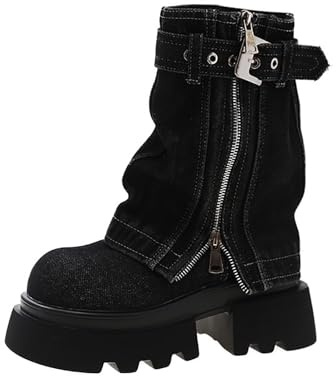 Botines para mujer con tacón de bloque, botas de mujer con pantorrilla ancha, tacón medio alto monocolor, forrado, plataforma de tacón cuadrado, botas cortas de invierno, Negro , 35 EU