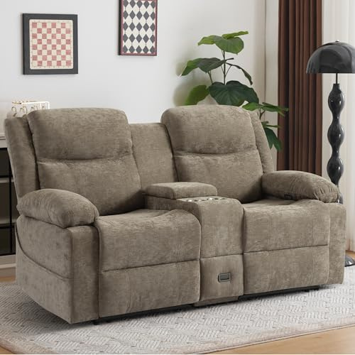 PALLOME Zweisitziges Relaxsofa mit manueller Liegefunktion, Stoffbezug, Mittelkonsole mit Becherhaltern & Seitentasche – Doppel-Liegesofa ideal für Wohnzimmer, Büro oder Wohnung (Camel)