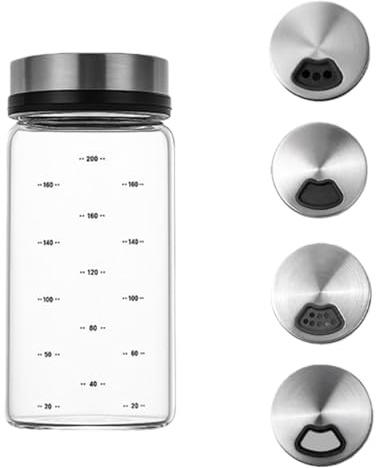 4-fach verstellbarer Salz- und Gewürzstreuer mit Deckel - 200ml Hitzebeständiges Gewürzglas, Luftdicht für frische Gewürze, Ideal als Großer und Mini Salzstreuer für Küche, Esszimmer und Outdoor-Grill