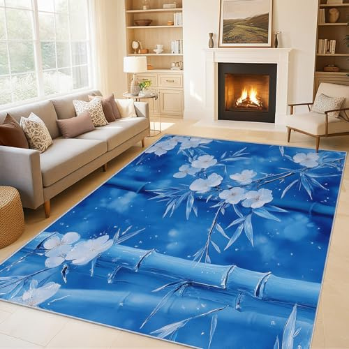 Generisch Weiß Blumen Teppich Großer 200x250 cm, Ölgemälde Bambus Teppich Wohnzimmer Schlafzimmer, Waschbare rutschfest Weich Kurzflor Teppiche Innen, Wohnzimmerteppich Deko C&J93