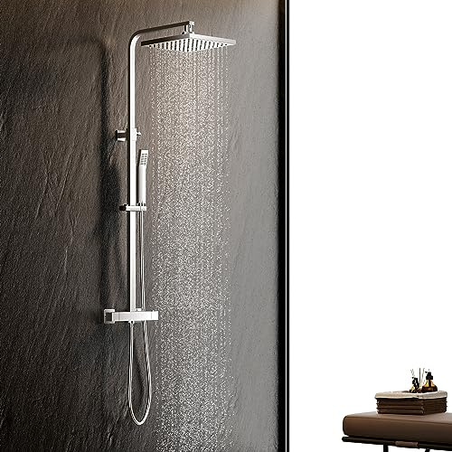 KOMIRO Colonne de Douche Thermostatique, Mitigeur Thermostatique, Ensemble de Douche pour Salle de Bain, Réglable en Hauteur, Carré, Chrome (argent1)