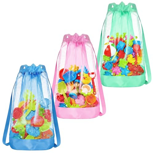 3 Stück Tasche für Sandspielzeug, Strandspielzeug Tasche in 3 Farben | Strandrucksack Set (Pink, Grün, Blau) zur Aufbewahrung von Sandspielzeug und Zubehör für Strandurlaub und Reise.