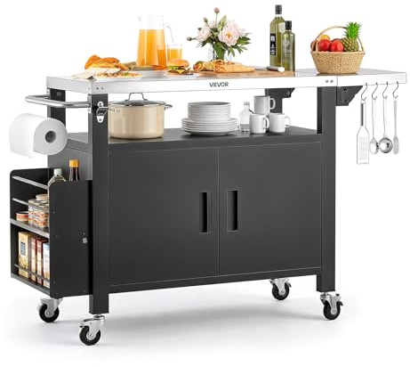 VEVOR Carrello Barbecue da Esterno, Carrello Tavolo per Barbecue con Armadietto Portaoggetti da Esterno Isola Cucina con Ripiano in Acciaio Inox Carico 40 kg, Mobiletto Preparazione da Giardino