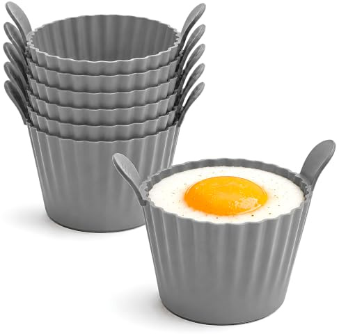 6 Pack Air Fryer Ramekins, Durable Silicone Cups for Breakfast Meals, Silicone Egg Moulds for Poached Eggs, Muffins, and Cupcakes, Oven and Dishwasher Safe (Grey)