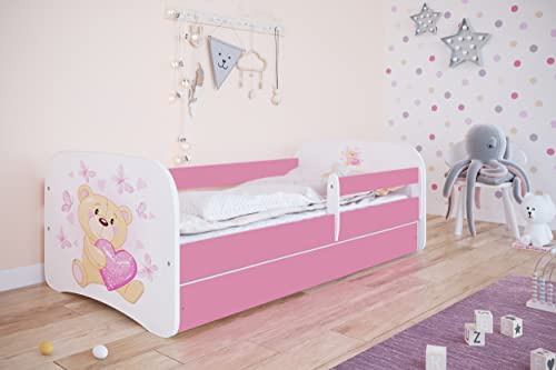 Bjird Kinderbett Jugendbett 70x140 80x160 80x180 Rosa mit Rausfallschutz Schublade und Lattenrost Kinderbetten für Mädchen - Teddybär mit Schmetterlingen 140 cm