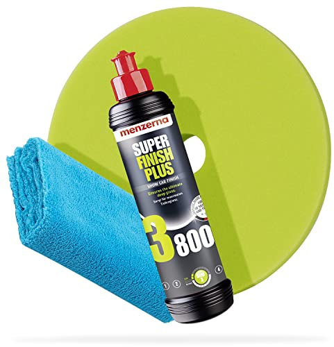 detailmate Menzerna - Set per lucidatura auto Grana 1000 + 2500 + 3500, 250 ml, con appositi tamponi lucidanti: Soft + Medium + Heavy, 150 mm / 15 cm circa + panno in microfibra 40 x 40 cm, 450 g/mq