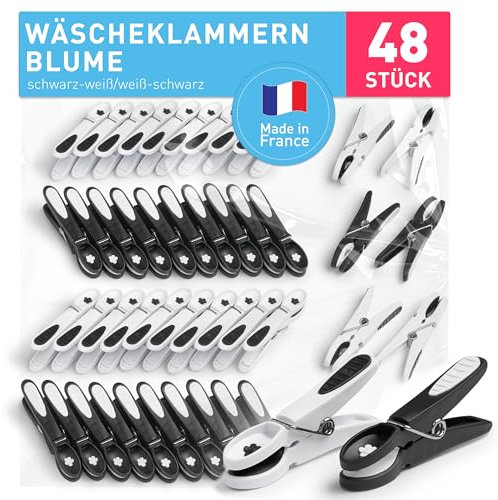 culiclean Wäscheklammern ohne Abdruck stabil in Blume Design 48x Wäscheklammer schwarz weiß, robuste Kluppen Soft Grip Clip Clothes Pegs UV beständig Klammern zum Aufhängen von Wäsche, Socken
