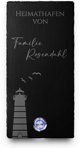 Schiefer Türklingel mit Gravur und LED-Klingelknopf und über 100 Motive | Modell: Rosendahl-sch | 10x20 cm Klingel-Taster Klingelschild Klingelplatte Namensschild beschriftet